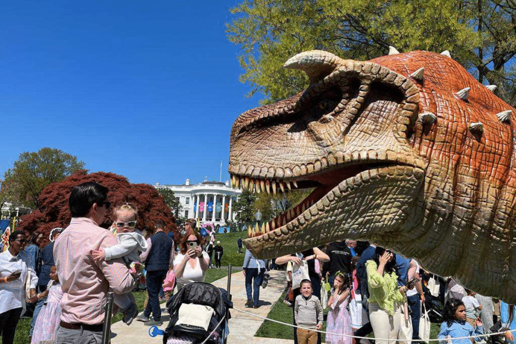First Lady Jill Biden Gets A Visit At The White House By Massive Dinosaur Replicas